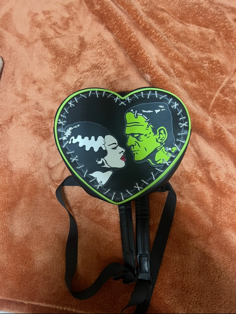 Heart-Shaped Monster Couple Backpack – Black & Neon Green